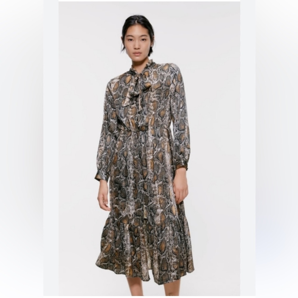 Zara Brown and Tan Snake Print Long Sleeve Dress